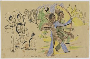 Lukostřelci, asi 1935 (pero a křída na hnědém papíře) od Ernst Ludwig Kirchner