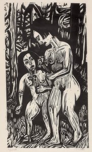 Dvě nahé dívky s květinami v lese. 1923