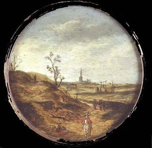 Rozsáhlá krajina s cestujícími na silnici od Esaias II van de Velde