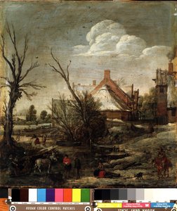 Zima (zima). Obraz Esalase van de Velde (1591-1630). Olej na dřevě, 37,5 x 35,5 cm