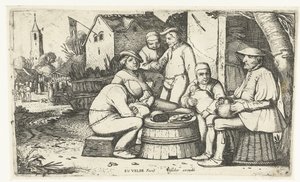 Šest sedláků sedících kolem sudu v hostinci od Esaias van de Velde
