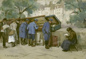 Francouzští vojáci a Bouquinistes podél Seiny, 1917 (wc na světle šedém papíře) od Ethel Hunter