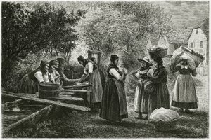 Prádelna v Metzeral, ženy v tradičních údolních krojích se scházejí u vesnické kašny. Rytina E.Ronjata k ilustraci příběhu „Atravers l