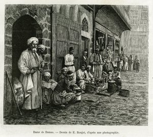 Damašský bazar. Rytina E.Ronjata pro ilustraci příběhu La Syria d