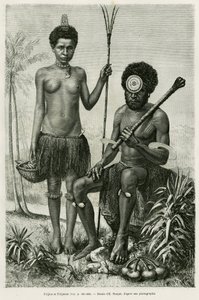 Fidžijský pár. Rytina E.Ronjata k ilustraci příběhu Promenades en Oceanie, od Aylic Marin, in le tour du monde 1887, režie Edouard Charton (1807-1890), Hachette, Paříž. od Etienne Antoine Eugene Ronjat