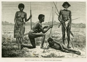 Negritos z hory Yriga. Rytina E.Ronjata k ilustraci příběhu Lucon a Palaouan, šest let na Filipínách, Alfred Marche (1844-1898), v le tour du monde 1886, režie Edouard Charton (1807-1890), Hachette, Paříž. od Etienne Antoine Eugene Ronjat