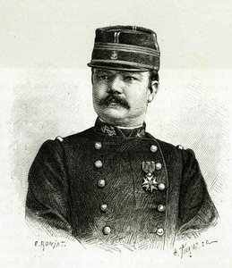 Portrét kapitána Valliere z námořní pěchoty během výpravy do Afriky pod velením Gallieniho. Rytina od E. Ronjata po fotografii pro ilustraci příběhu „Exploration du Haut Niger (Haut Niger)“ (dnešní Mali) od velitele od Etienne Antoine Eugene Ronjat