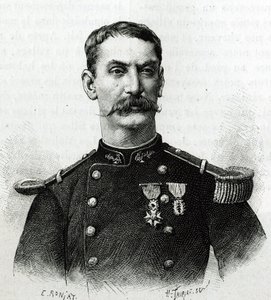 Portrét velitele Josepha Gallieniho, během expedice v Africe (1879-1882). Rytina E. Ronjata po fotografii pro ilustraci příběhu „Exploration du Haut Niger (Haut Niger)“ (dnešní Mali) od velitele Josepha Gallieniho (1849-1916) č. od Etienne Antoine Eugene Ronjat