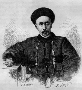 Portrét Li Hongzhanga (1832-1901), čínského generála a vicekrále (místokrále) Zhili v letech 1871 až 1895 a 1900 až 1901. Rytina z kresby Ronjat, z fotografie Thomsona, v „“ Le Tour du Monde, Nouveau journal des Voyages””, editováno od Etienne Antoine Eugene Ronjat