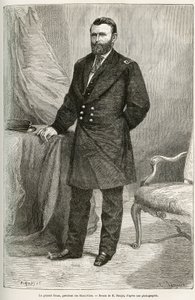 Portrét Ulyssese Granta (1822-1885), amerického generála, vůdce unijních jednotek během Secesní války a 18. prezidenta Spojených států (Spojené státy americké) po dvě funkční období od roku 1869 do roku 1877. Rytina podle kresby E.Ronjata, do ilustrovat st od Etienne Antoine Eugene Ronjat