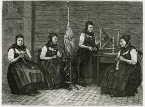 Rozmetadla Sondernach, popis různých fází předení, ruční, vřeteno a vřeteno. Rytina E.Ronjata k ilustraci příběhu „Atravers l