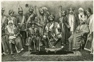 Kašmírský maharádža, Rambhir Sing a jeho dvůr. Rytina E. Ronjat k ilustraci příběhu „Portrét pařížské ženy v západním Himálaji“ z roku 1881 od Marie de Ujfalvy-Bourdon (Ujfalvy Bourdon). Publikováno v Tour du monde, 2. semestr od Etienne Antoine Eugene Ronjat