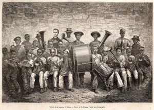 Skupina dětí gabonské mise. Rytina podle kresby E. Ronjata, pro ilustraci plavby na pobřeží Afriky, od viceadmirála Fleuriota de Langle, v roce 1868, publikovaná v „“Le tour du monde““ 1876, editoval Edouard Charton, Hachet od Etienne Antoine Eugene Ronjat