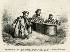 Obchodník s chlebem, na úpatí Orientální květinové brány císařského paláce v Pekinu, aktuální scéna každodenního života. Rytina podle kresby E.Ronjata, k ilustraci cesty do Pekinu a severní Číny, od T.Choutze, r. 1873, vyd. od Etienne Antoine Eugene Ronjat