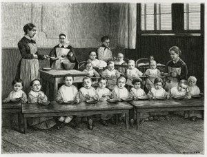 Stravování dětí ve školce. Rytina E.Ronjata k ilustraci příběhu „Atravers l