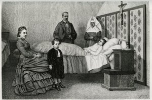 Konzultace lékaře v hospici Logelbach. Rytina E.Ronjata k ilustraci příběhu „Alsasko a Lotrinsko“, v roce 1884, od Charlese Grada (1842-1890), německého zástupce, spisovatele a přírodovědce. Publikováno v Le Tour du monde, nouveau journal d od Etienne Antoine Eugene Ronjat