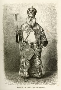 Metropolitní předvečer nové katedrály v Athénách. Rytina podle kresby E. Ronjata pro ilustraci plavby do Řecka od Henriho Belleho v letech 1861-1868-1874, publikovaná v „“Le tour du monde“““ 1876, editoval Edouard Charton, vydání Hachette, od Etienne Antoine Eugene Ronjat