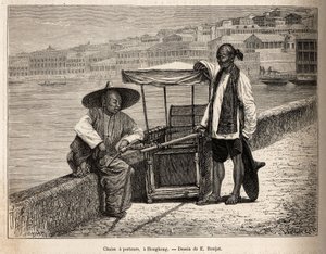 Dva nosiči odpočívající vedle invalidního vozíku v Hong Kongu, rytina podle kresby E. Ronjata ilustrující cestu do Číny, od J. Thompsona, v letech 1870-1872, publikovaná v „“Le tour du monde“““ 1875, vyd. Edouard Charton, vydání Hachette, Paříž. S od Etienne Antoine Eugene Ronjat