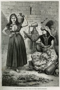Ženy nesoucí džbány poblíž studny Hiram v Tyru. Rytina E.Ronjata pro ilustraci příběhu La Syria d