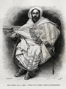portrét Abda El Kadera (1808-1883) alžírského emíra a sultána, súfijského teologa, politika a vojenského odporu vůči francouzské koloniální armádě, také spisovatele, básníka a filozofa. Rytina E.Ronjata pro ilustraci příběhu La Syria d