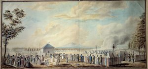 Francouzská revoluce: „Vojenský tábor Marsovské školy budoucích představitelů republikánské armády“ Akvarel Etienna Bericourta (18. století) 1794 Paříž, B.N.