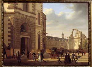 Vstup do muzea Louvre a ruiny Saint Louis du Louvre. Pohled na Paříž. Obraz Etienna Bouhota (1780-1862)