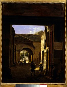 Nádvoří řidičského domu v rue Saint Denis známé jako nádvoří Sainte Catherine Scene v 1. pařížském obvodu. Obraz Etienna Bouhota (1780-1862) 1832 Ne. 0,27x0,22 m Paříž, Musee Carnavalet.