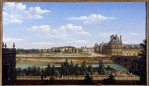Zahrada a palác Tuileries při pohledu z Quai d