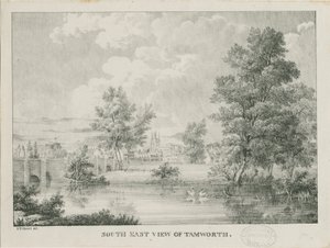 Tamworth - Vzdálený pohled z jihu: litografie, nd [1796-1865]