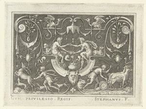 Ezau verkoopt zijn eerstgeboorterecht aan Jacob Vlakdecoraties met scènes uit het Oude Testament in een omlijsting van grotesken (series title)   1355707   cs       czech Successfully Translated  Original: Drunkard (Soularde) Translat: Drunkard (Soularde)  od Etienne Delaune
