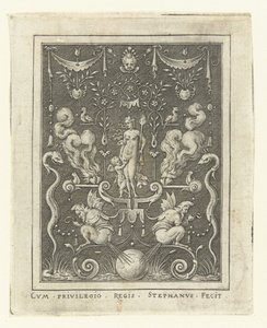 Venuše s Amorem mezi čtyřmi hořícími srdci Povrchové dekorace s postavami bohů v rámci grotesek (pozdější verze) (název série) od Etienne Delaune
