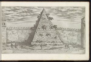 Cestiova pyramida v Římě Bouwwerken uit de oudheid (název série) Pozůstatky starověkého Říma shromážděné a vyfotografované v perspektivě Stefano Du Perac Parisino (název série na objektu) od Etienne Duperac
