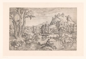 Krajina s rybářem a hradem na vrcholu hory od Etienne Dupérac (attributed to)