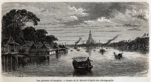 Celkový pohled na Bangkok (Thajsko), kresba E. Bocoura, k ilustraci cesty Henriho Mouhota do království Siam, Kambodža a Laos v letech 1858 až 1861. Rytina „“ Le tour du monde““, editoval Edouard Charton