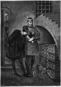 Francouzský král Ludvík XI. (1423-1483) na návštěvě u vězně Jean de La Balue (kardinál Balue) (1421-1491), uzavřený v železné kleci. Rytina od Bocoura podle obrazu od Gerome