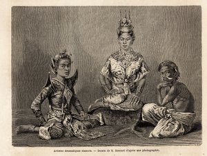 Siamští dramatici, kresba E. Bocoura, k ilustraci cesty Henriho Mouhota do království Siam, Kambodža a Laos v letech 1858 až 1861. Rytina v „“Le tour du monde“, editoval Edouard Charton
