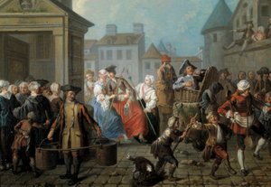 Karneval v ulicích Paříže Detail. Obraz Etienna Jeaurata (1699-1789) 1757. Rozm. 0,65 x 0,82 m Paříž, muzeum Carnavalet od Étienne Jeaurat