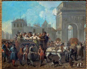Chování dívek radosti v Salpetriere, průchod branami Saint Bernard Současná nemocnice Salpetriere byla původně vězením a hospicem pro ženy. Obraz Etienna Jeaurata (1699-1789) 1757 Rozm. 0,65 x 0,82 m Paříž, Musee Car od Étienne Jeaurat