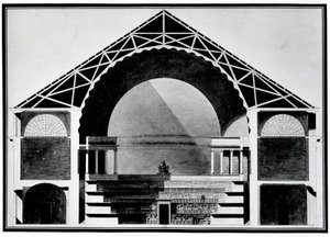 Bibliotheque Royale de France, výkres průřezu budovou. Architektura Etienne Louis Boullee (Etienne-Louis Boullee), francouzský architekt (1728-1799).
