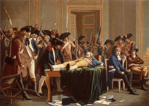 Ráno 10. Thermidoru Rok II; Maximilien de Robespierre, se zlomenou čelistí, rozprostřenou na stole (chromolitho) od Etienne Lucien (after) Melingue