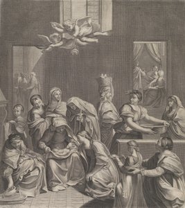 Narození Panny Marie, sedící žena s dítětem na klíně, mnoho žen v okolí..., 1677. od Etienne Picart