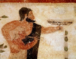 Vousatý muž předkládající pohár, v jeho blízkosti hudebník (Detail fresky, 530 př.nl) od Etruscan