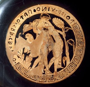 Etruský starověk: detail kylixu představujícího Dionýsa a Arianu. Z Falerii Veteres (Civita Castellana) 6. století před naším letopočtem. Řím, Národní muzeum Villa Giulia od Etruscan