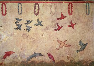Vodní ptáci a skákající delfíni z Hrobky lovu a rybolovu, cca 520-10 př. n. l. (nástěnná malba) od Etruscan