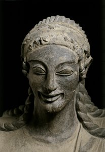 ETRUSCAN ART: Apollón (detail). cca 510-490 př. n. l. Z Veia, svatyně v..., cca 510-490 př. n. l. (terakota) od Etruscan