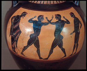 Etruská civilizace: Terakotová amfora decoree d"une scene de pugilat, detail 550-500 př.nl Z hrobky válečníka ve Vulci, Itálie od Etruscan