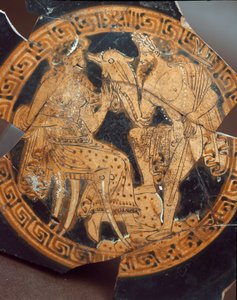 Etruská antika: detail kylixu představujícího Poseidona a Amfitritu. Z Falerii Veteres (Civita Castellana) 6. století př. n. l. Řím, Museo Nazionale di Villa Giulia od Etruscan