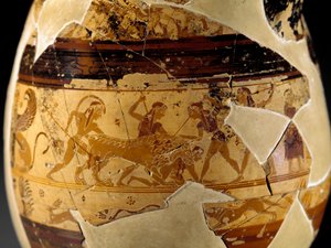Etruský starověk: olpe v hlíně (džbán ve tvaru hrušky s vysokým límcem ve tvaru trubky) známý jako Olpe Chigi v polychromovaném protokorynthickém stylu zdobený malířem Macmillanem, 640-630 př. Kr. Detail zobrazující scénu lovu lva. Od společnosti Veio. Řím od Etruscan