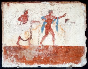 Etruské umění: mladý eféb, hudebník a ceremoniář. Freska hrobu „potápěče“. Z jižního hřbitova Paestum. 480-470 před naším letopočtem. Museo Archeologico Nazionale, Paestum od Etruscan