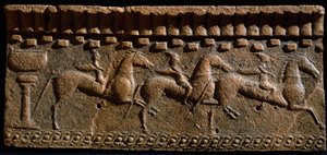 Etruské umění: vlysový dekor rytířů z architektonického souboru v Murlo. 6. století před naším letopočtem. Murlo, Antiquarium Municipal, Itálie od Etruscan